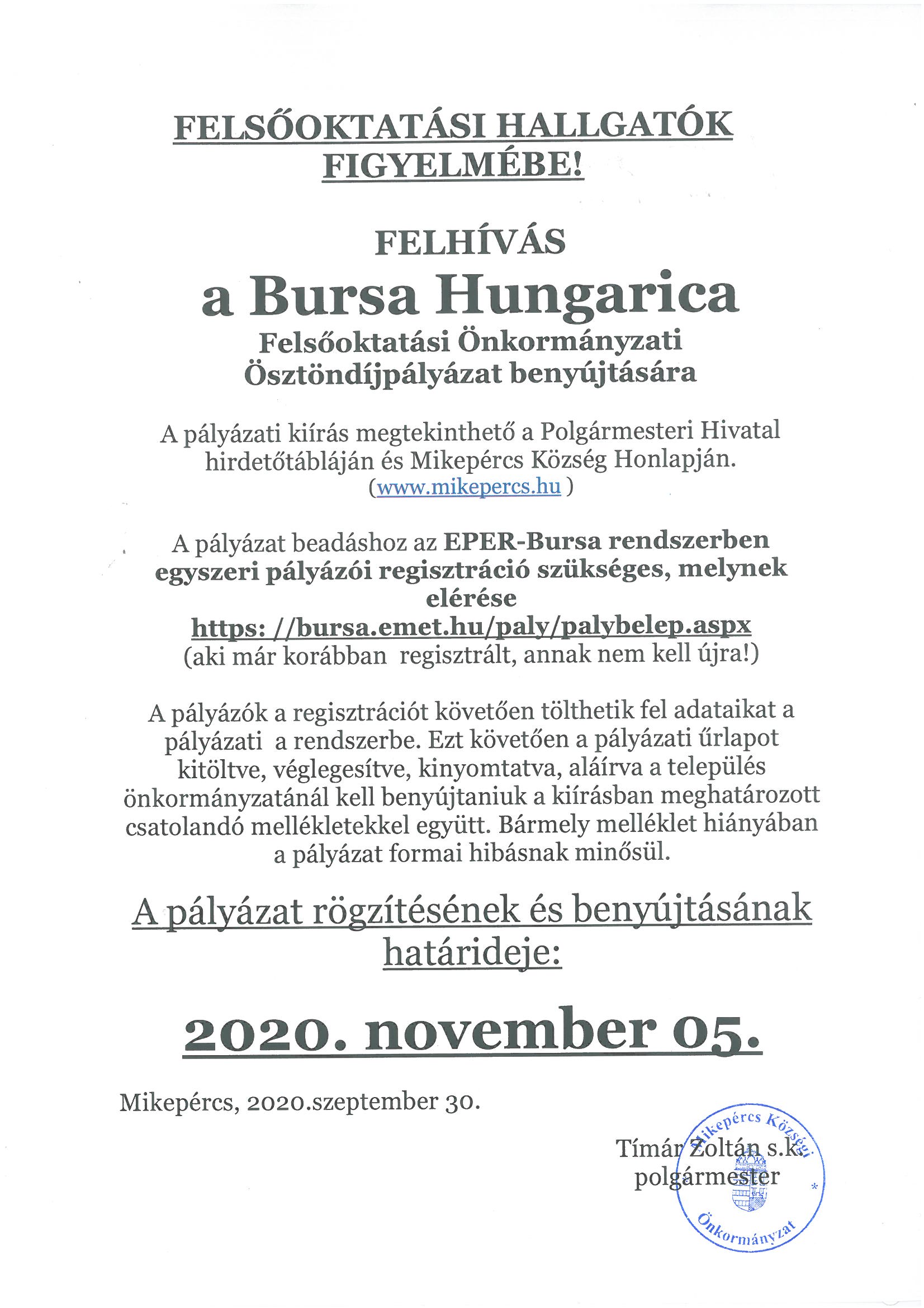 BURSA HUNGARICA FELSŐOKTATÁSI ÖNKORMÁNYZATI ÖSZTÖNDÍJPÁLYÁZAT 2020