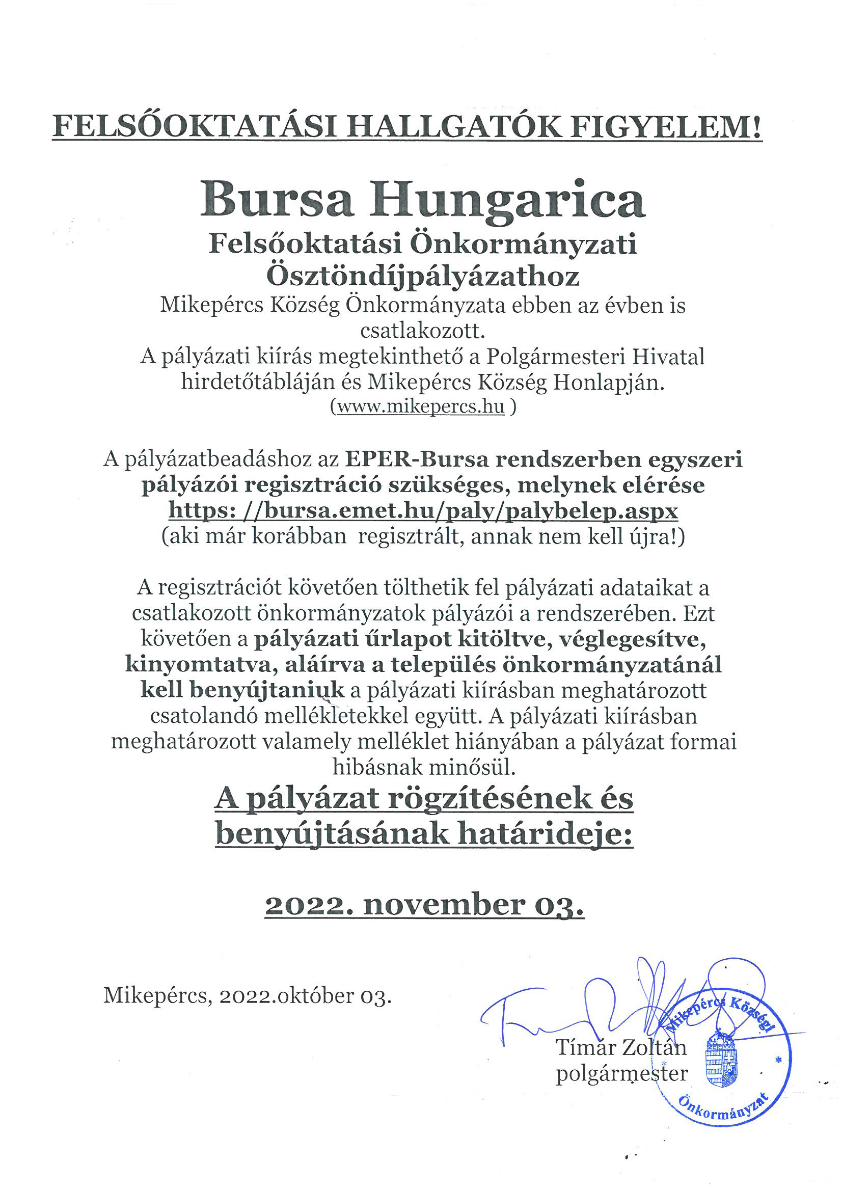 BURSA HUNGARICA ÖSZTÖNDÍJPÁLYÁZAT 2022